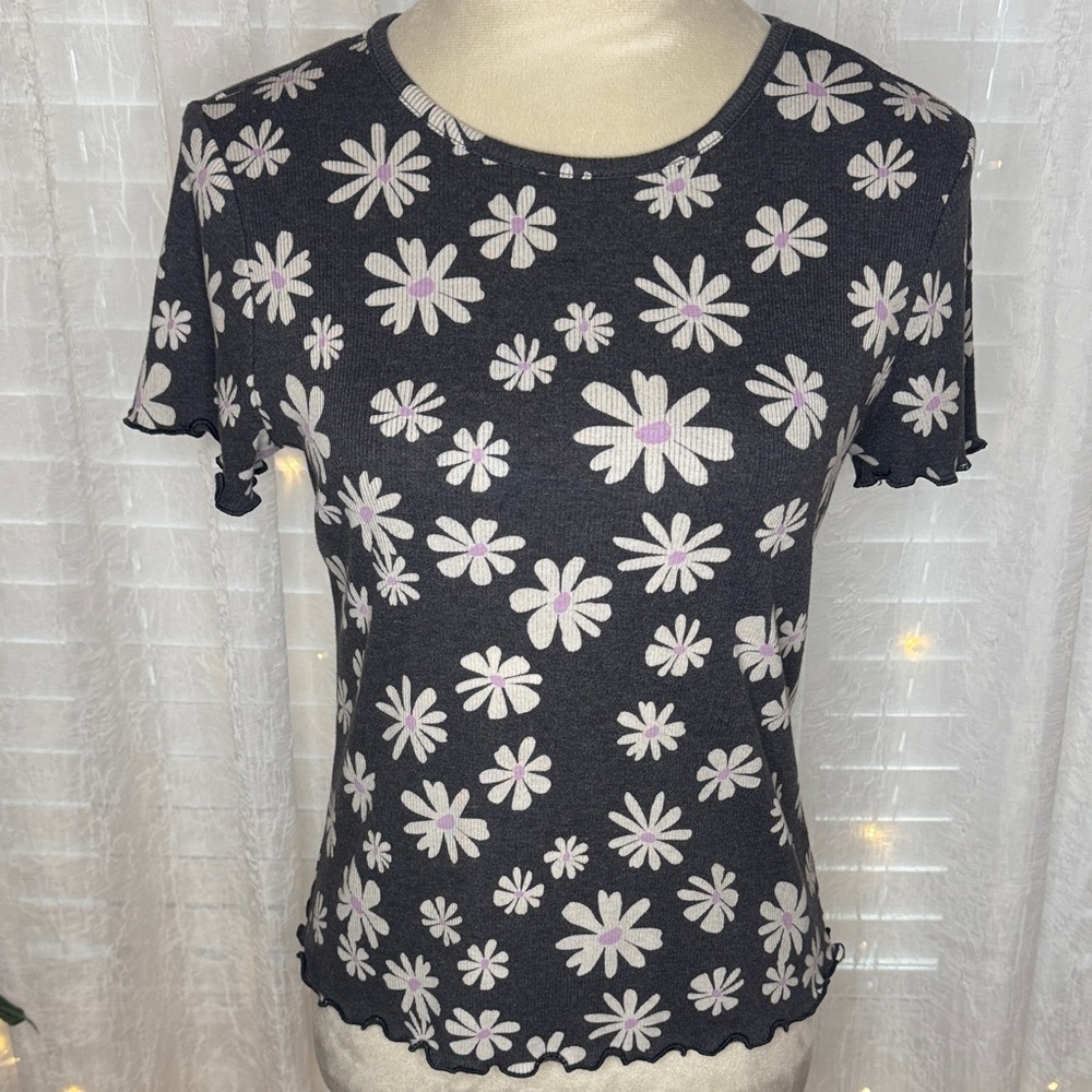 SO Navy Blue Tee with White and Purple Floral Design